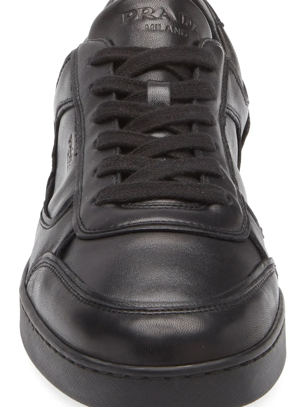 Prada Black Leather Low-Top Sneaker with Gold Logo